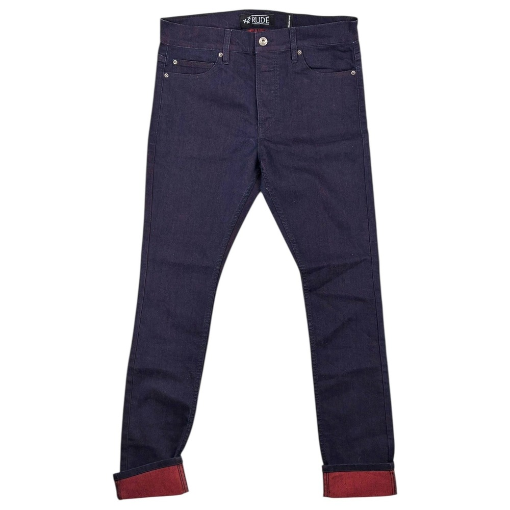 RUDE Dark Wash Skinny Jean Red Lined Cuffed Hem Drop Waist Y2K Alt Style NWOT 32